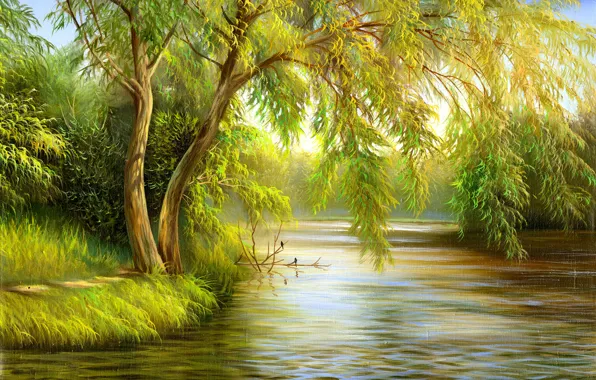 Картинка деревья, птицы, природа, живопись, холст, зелено