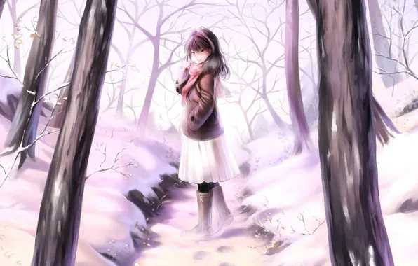 Картинка зима, небо, девушка, снег, деревья, следы, улыбка, аниме