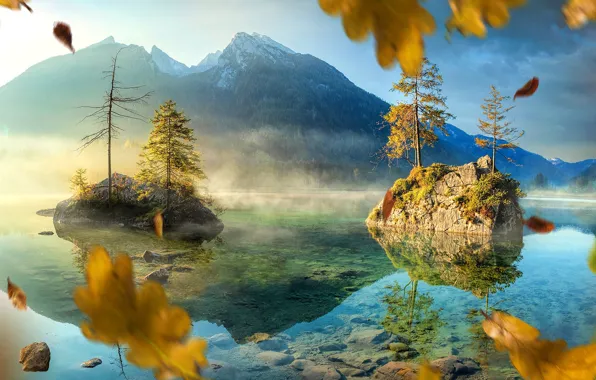Картинка осень, листья, деревья, пейзаж, горы, природа, озеро, скалы