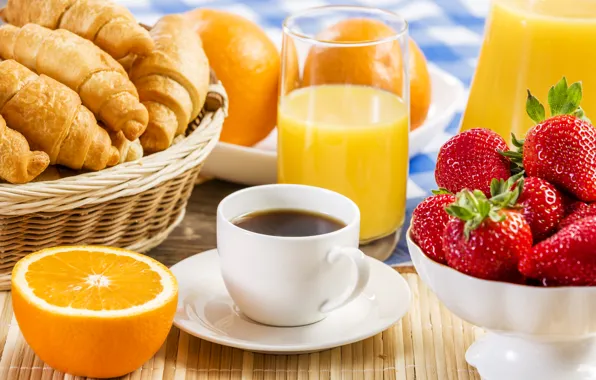 Кофе, апельсины, клубника, сок, тарелка, выпечка, Coffee, orange