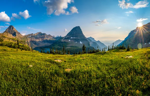 Картинка небо, солнце, горы, США, Glacier National Park