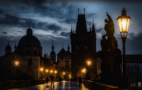 Башни, Карлов мост, освещение, город, храм, вечер, Прага, Чехия