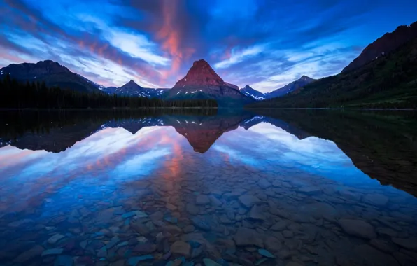Горы, озеро, отражение, лодка, Montana, Sinopah Mountain, Two Medicine Lake. Glacier National Park