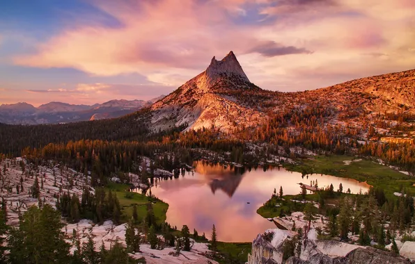 Небо, деревья, озеро, гора, Калифорния, США, Yosemite National Park