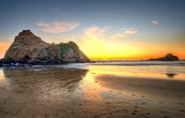 Пляж, скала, океан, рассвет, USA, США, State California, Штат Калифорния