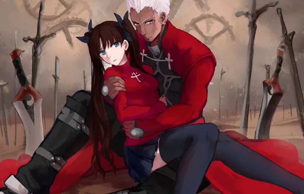 Девушка, двое, обьятия, Рин, арчер, Судьба ночь схватки, Fate / Stay Night