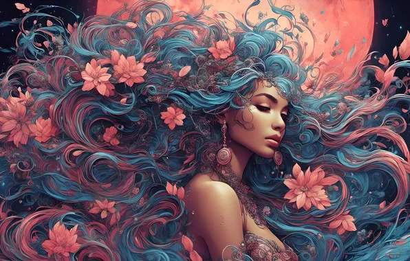 Взгляд, девушка, украшения, цветы, луна, рисунок, завитки, картина
