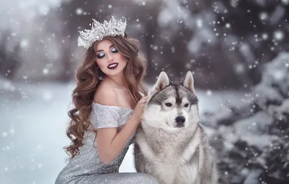 Картинка девушка, снег, поза, собака, корона, макияж, платье, декольте