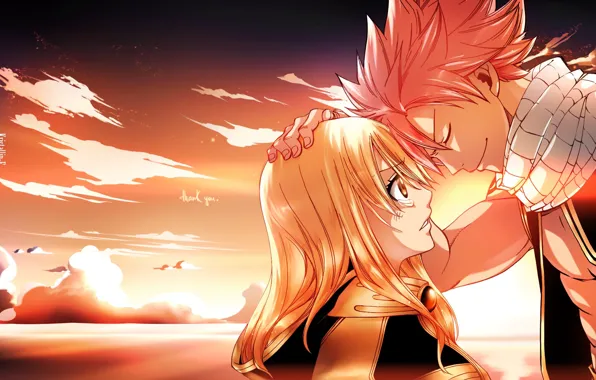 Романтика, Закат, аниме, арт, пара, двое, Fairy Tail, Нацу