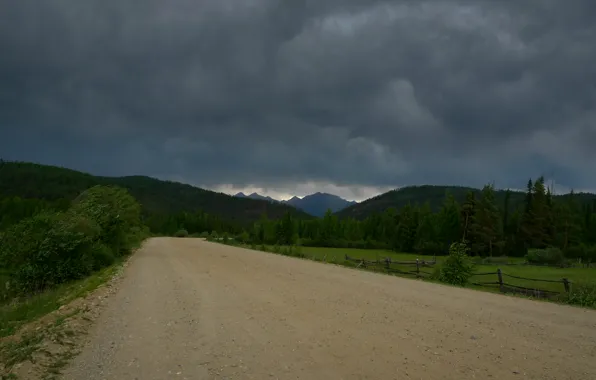 Картинка green, summer, Россия, storm, road, trees, Бурятия, mounts