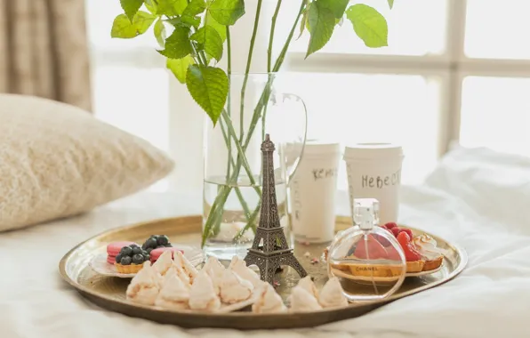 Париж, завтрак, утро, печенье, окно, подушка, пирожное, поднос