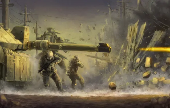 Картинка взрыв, огонь, война, забор, выстрел, солдаты, танк