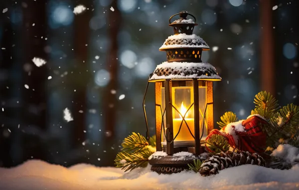 Зима, снег, ночь, Рождество, фонарь, Новый год, Christmas, night