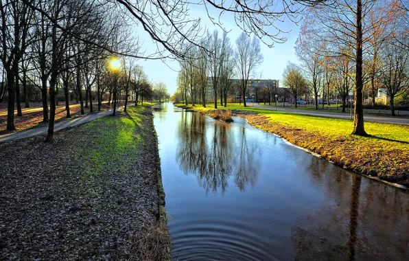 Картинка солнце, деревья, закат, город, отражение, дома, канал, амстердам