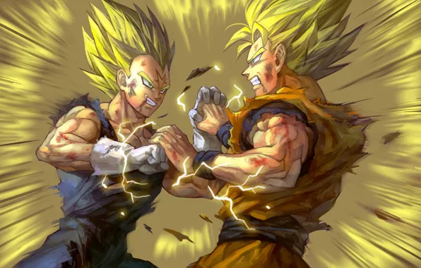 Битва, парни, anime, art, dragon ball, vegeta, son gokuu