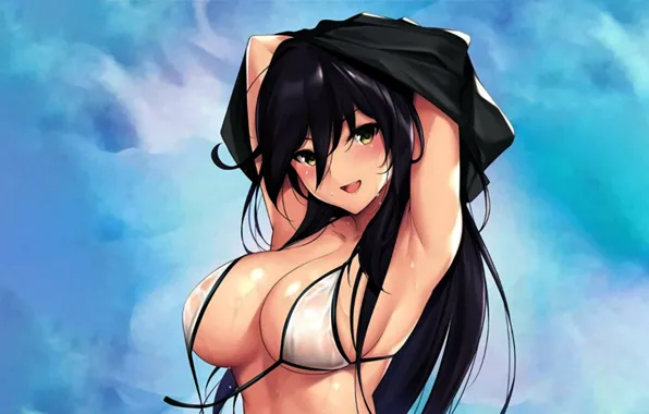 Girl, sexy, wet, cleavage, green eyes, long hair, boobs, anime