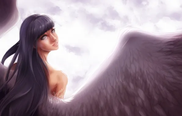 Небо, взгляд, девушка, улыбка, крылья, ангел, Наруто, Naruto