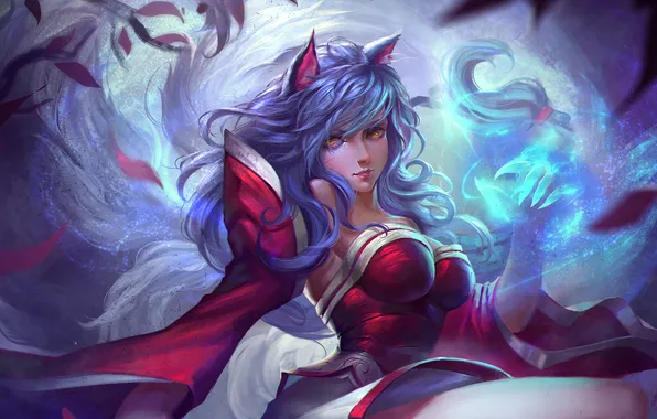 Картинка взгляд, девушка, магия, арт, ушки, League of Legends, LoL, Ahri