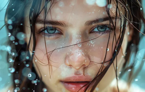 Взгляд, вода, девушка, капли, крупный план, лицо, поза, портрет