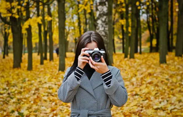 Осень, camera, Konica, girl with a camera, Девушка с фотоаппаратом