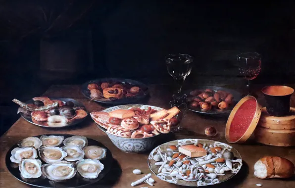 Картина, Bruxelles, Nature morte au homard, Osias Beert, 1624, Still life with oysters
