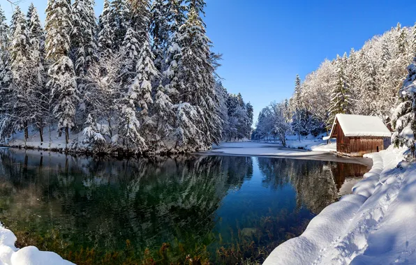Картинка зима, небо, снег, пейзаж, природа, дом, отражение, река