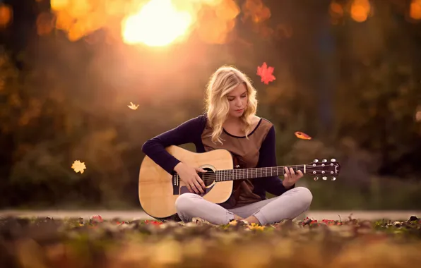 Картинка осень, девушка, гитара, Autumn Melody
