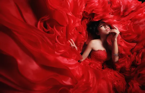 Картинка девушка, фон, красное, платье