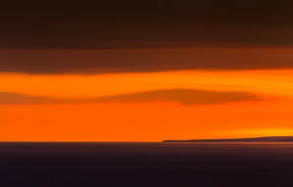 Картинка море, облака, закат, остров, горизонт, оранжевое небо