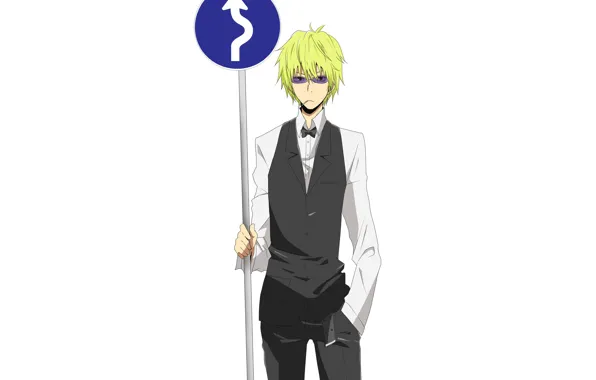 Белый фон, парень, дорожный знак, Durarara, Heiwajima Shizuo, Дюрарара, Шизуо Хейваджима