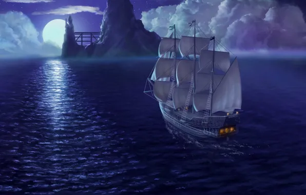 Картинка море, небо, ночь, рендеринг, луна, корабль, паруса