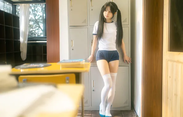 Asian, school uniform, long hair, model, women, cosplay, T-shirt, petite