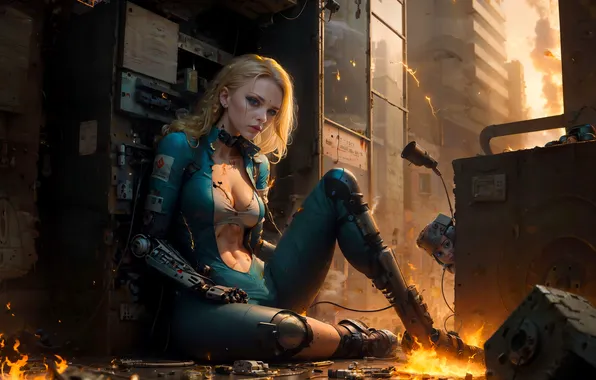 Women, abs, science fiction, looking at viewer, cyberpunk, science fiction women, belly, blonde