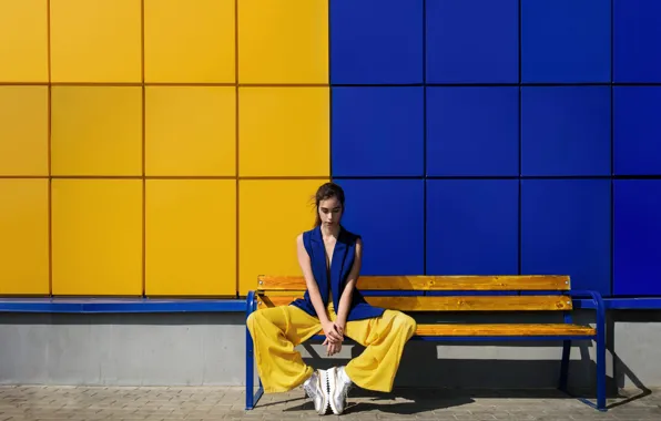 Синий, жёлтый, стена, скамья, yellow and blue