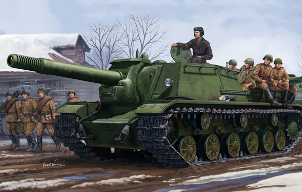 Картинка арт, солдаты, Великая Отечественная война, самоходно-артиллерийская установка, советская, пт-сау, Су-152