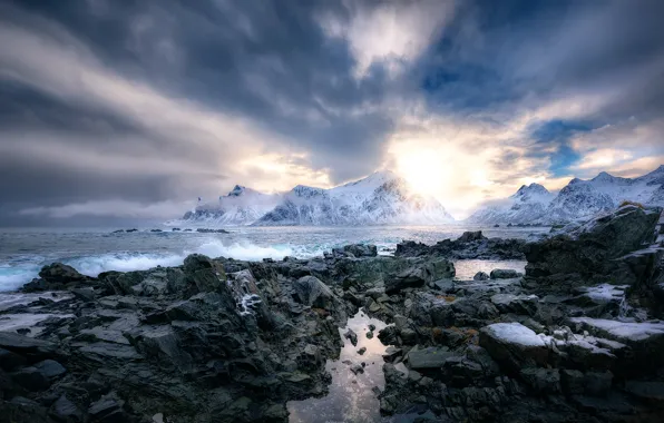 Картинка Норвегия, камни, горы, Winter in Mordor, прибой
