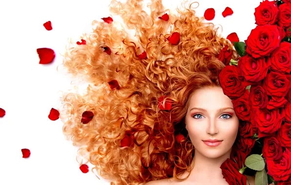 Картинка взгляд, рыжие волосы, кудри, лепестки роз