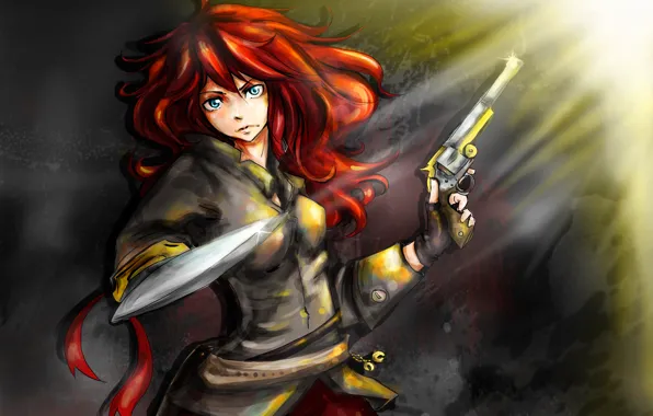 Картинка девушка, пистолет, волосы, лезвие, рыжая