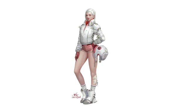 Girl, Art, Style, Blonde, Background, Minimalism, Characters, Helmet