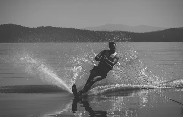 Lake, man, splash, reflection, ski, skiing, extreme sport