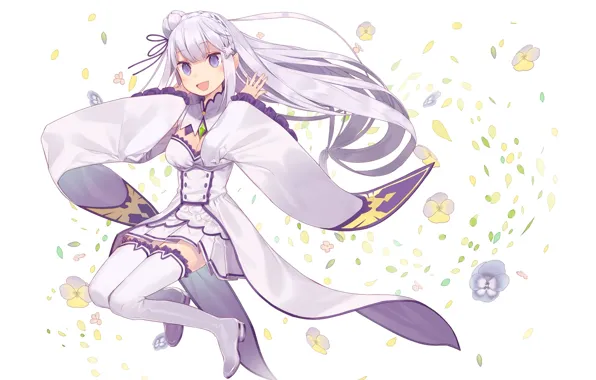 Девушка, радость, цветы, эльф, anime, art, Emilia, Re: Zero kara Hajimeru Isekai Seikatsu