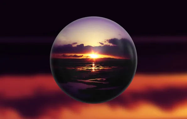 Отражение, шар, вечер, арт, закат солнца, reflection, sphere, зеркальная сфера