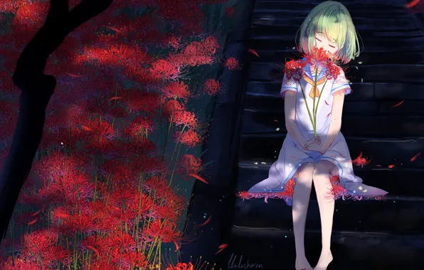 Картинка лестница, девочка, красные, зеленые волосы, закрытые глаза, матроска, сидит на ступеньках, lluluchwan