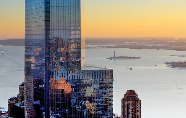 Пейзаж, остров, небоскреб, Нью-Йорк, США, статуя свободы