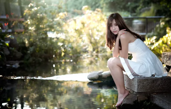 Картинка девушка, платье, азиатка, у воды, Chang