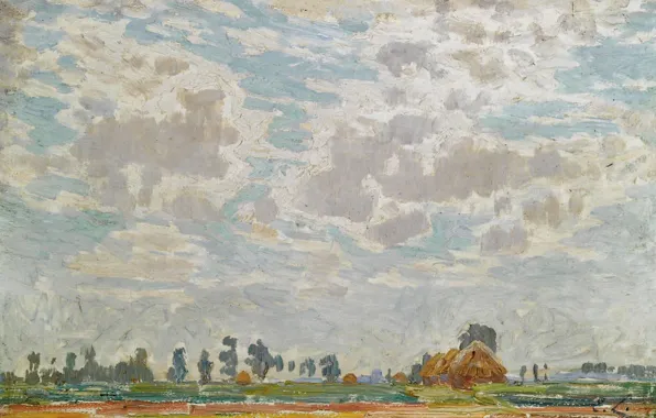 Картинка пейзаж, картина, Эмиль Клаус, Облачное Небо над Бельгийской Фермой, Emile Claus
