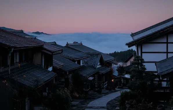 Картинка city, Japan, house, twilight, sky, trees, sunset, clouds