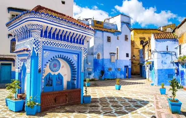 Картинка blue, square, houses, fountain, Chefchaouen, Marocco, Place El Haouta