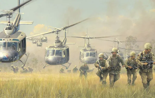 Война, рисунок, солдаты, высадка, Bell, вьетнам, кавалерия, вертолёты