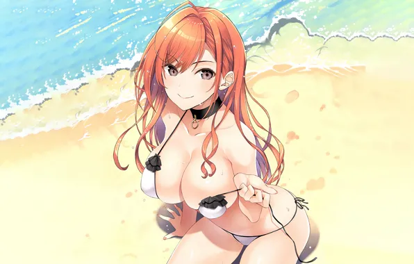 Girl, sexy, cleavage, beach, long hair, sea, boobs, anime